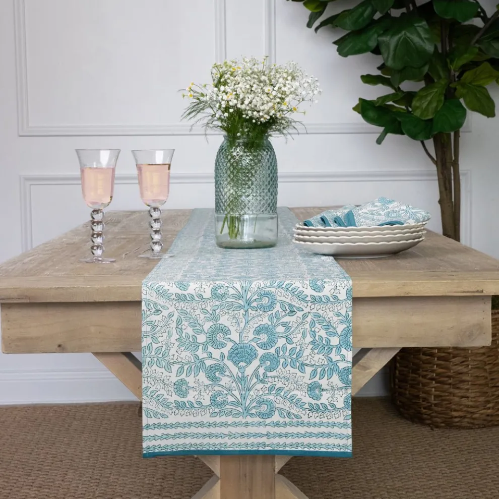 Floral Trellis Aqua Table Runner