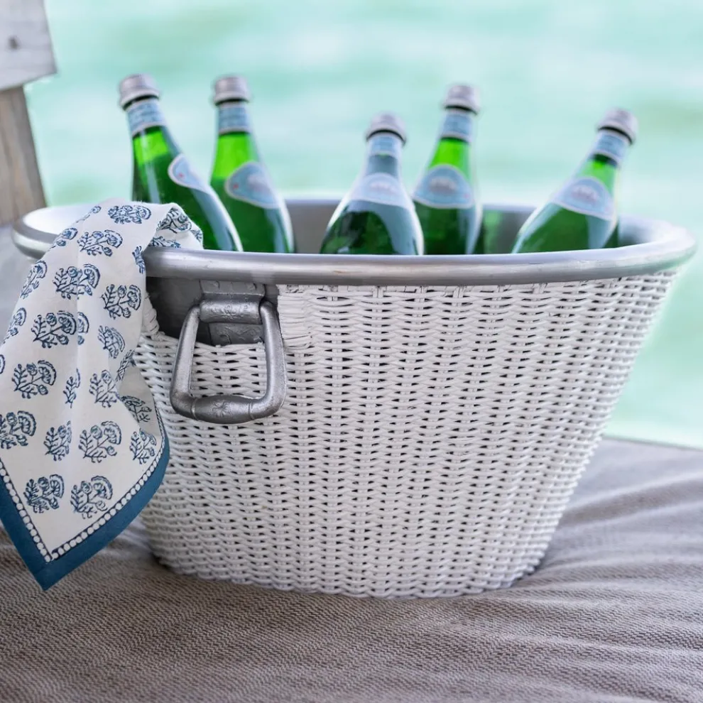 White Wicker and Aluminum Ice Bucket with Handles