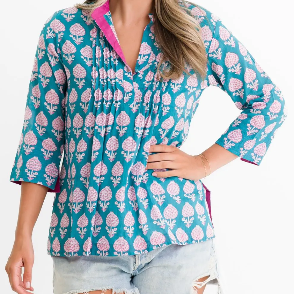Teal Pom Flower Pintuck Blouse