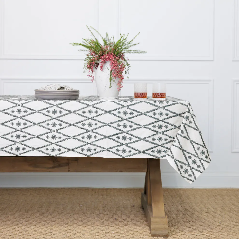 India Hicks Home Embroidered Diamond Blue Tablecloth