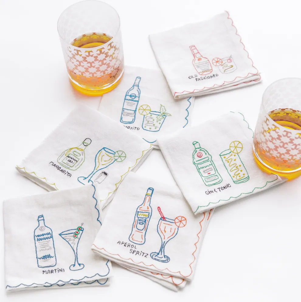 Mixed Drink Embroidered Linen Cocktail Napkins | Set of 6
