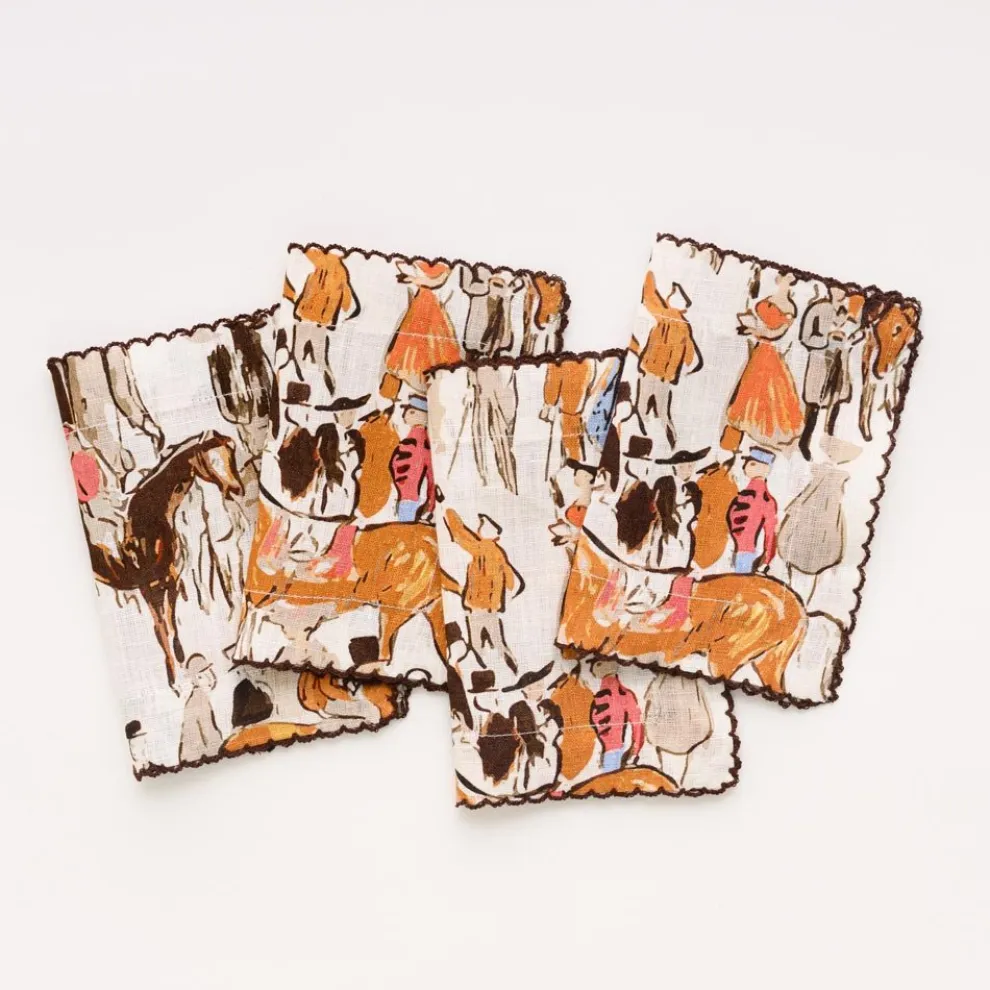 Paddock Scene Linen Cocktail Napkin | Set of 4
