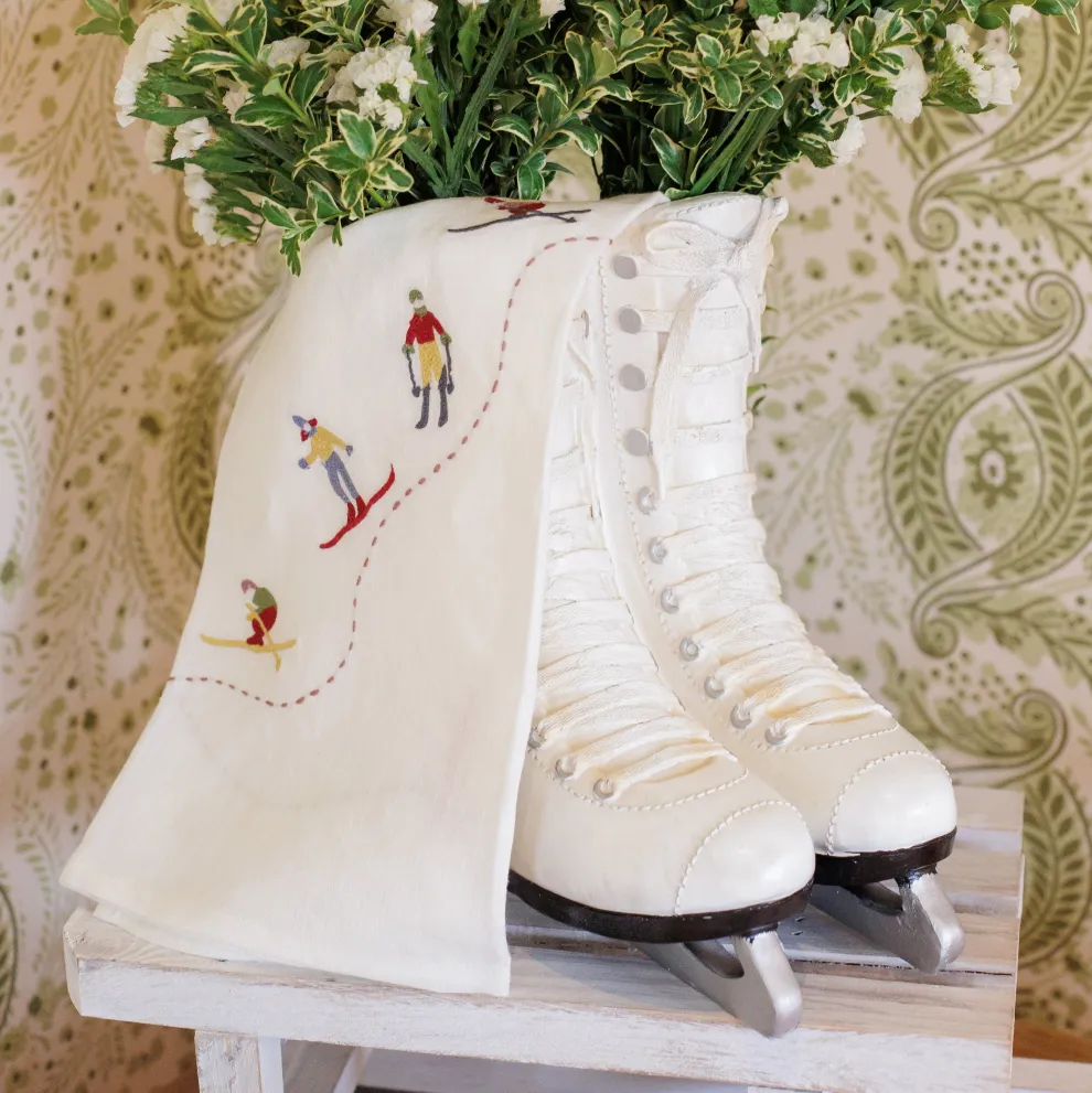 Skiers Embroidered Linen Tea Towels