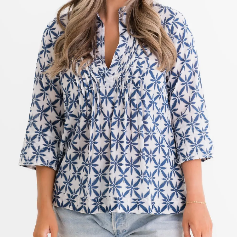 Starburst Flower Navy Pintuck Blouse