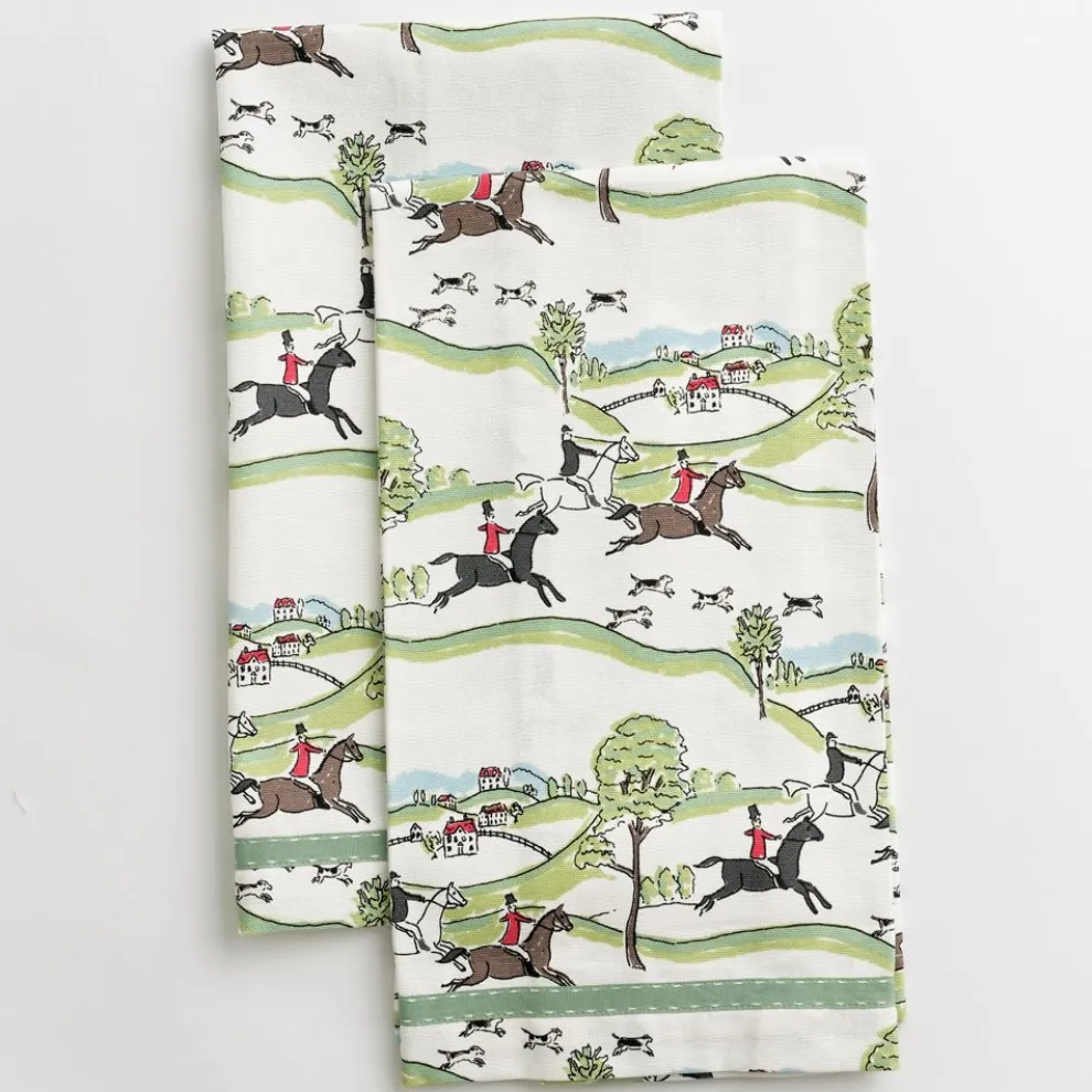 Hunt Scene Green Ribbon Tea Towels