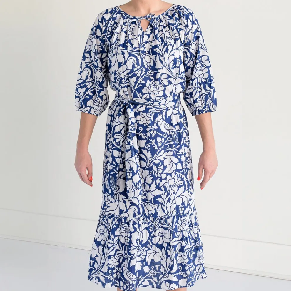 Blue Parrot Ruffle Midi Dress