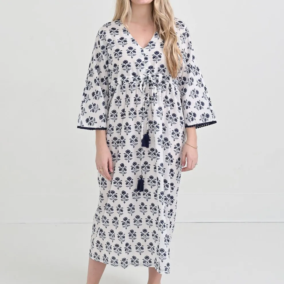 Agra Bloom Indigo Long Caftan Coverup