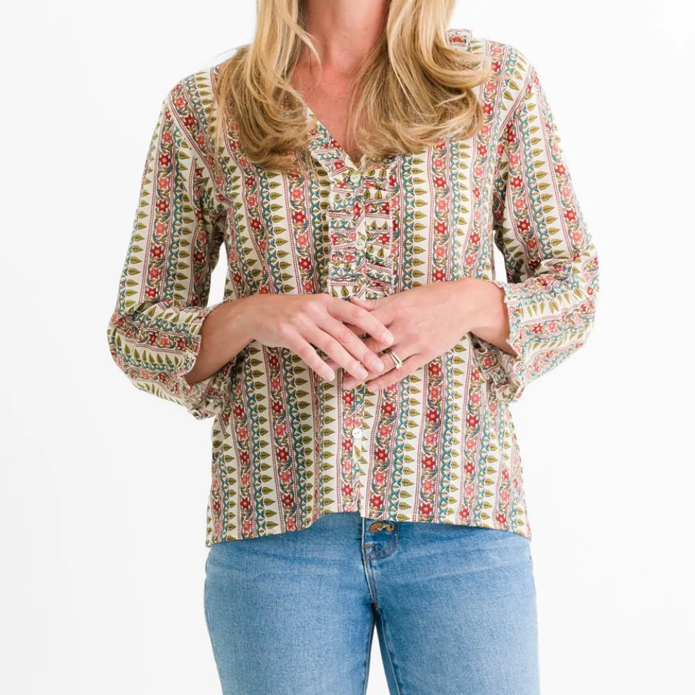 Moroccan Stripe Flange Button Blouse