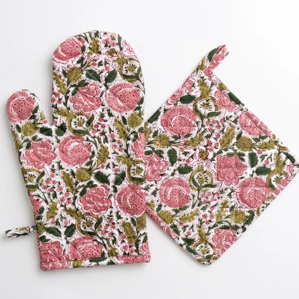 Bohemian Floral Moss & Mauve Oven Mitt Set