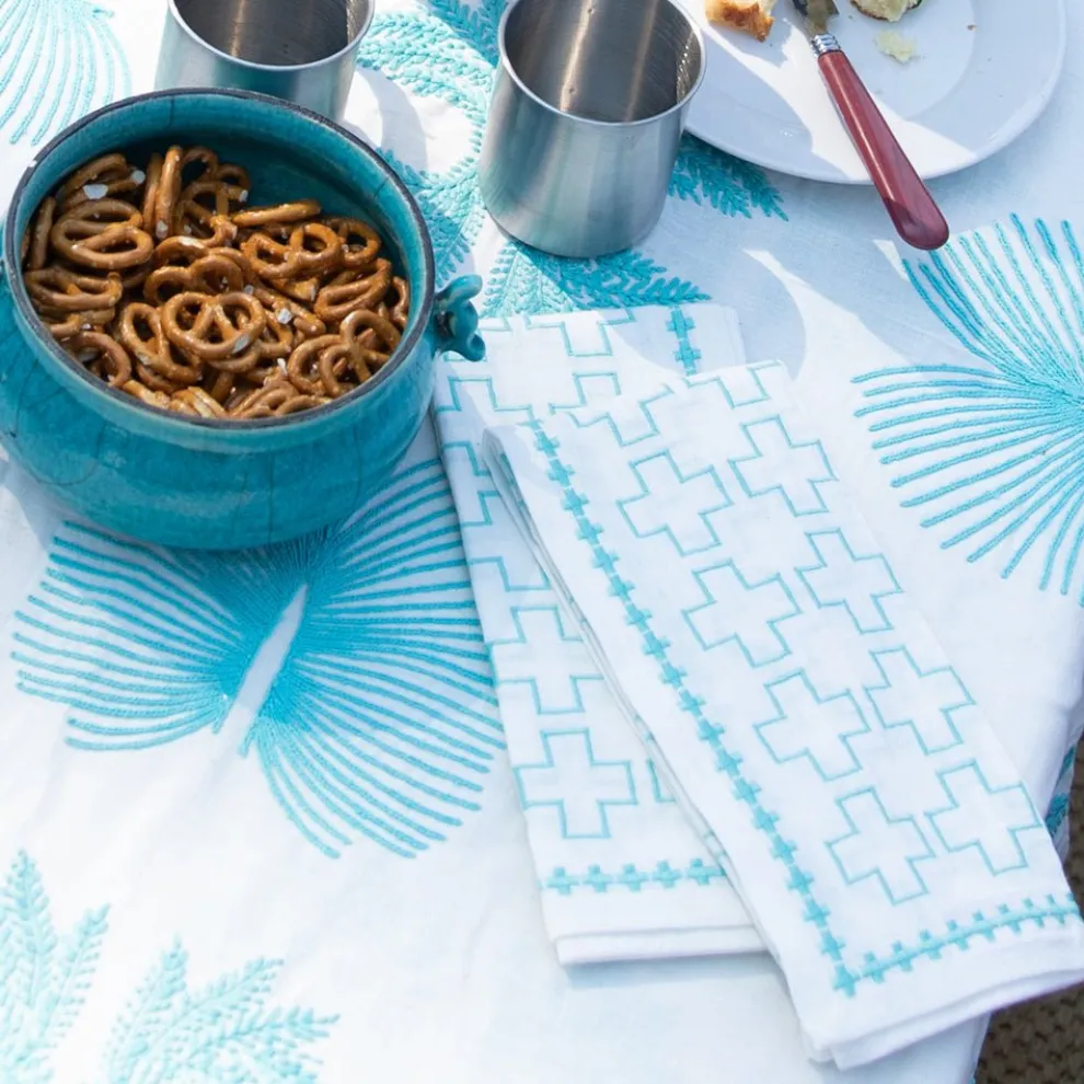 India Hicks Home Embroidered Grand Cross Palladian Blue Napkin | Set o