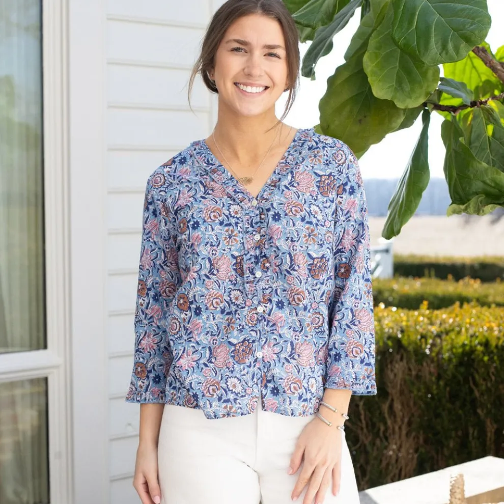 Taj Floral Blue Flange Button Blouse