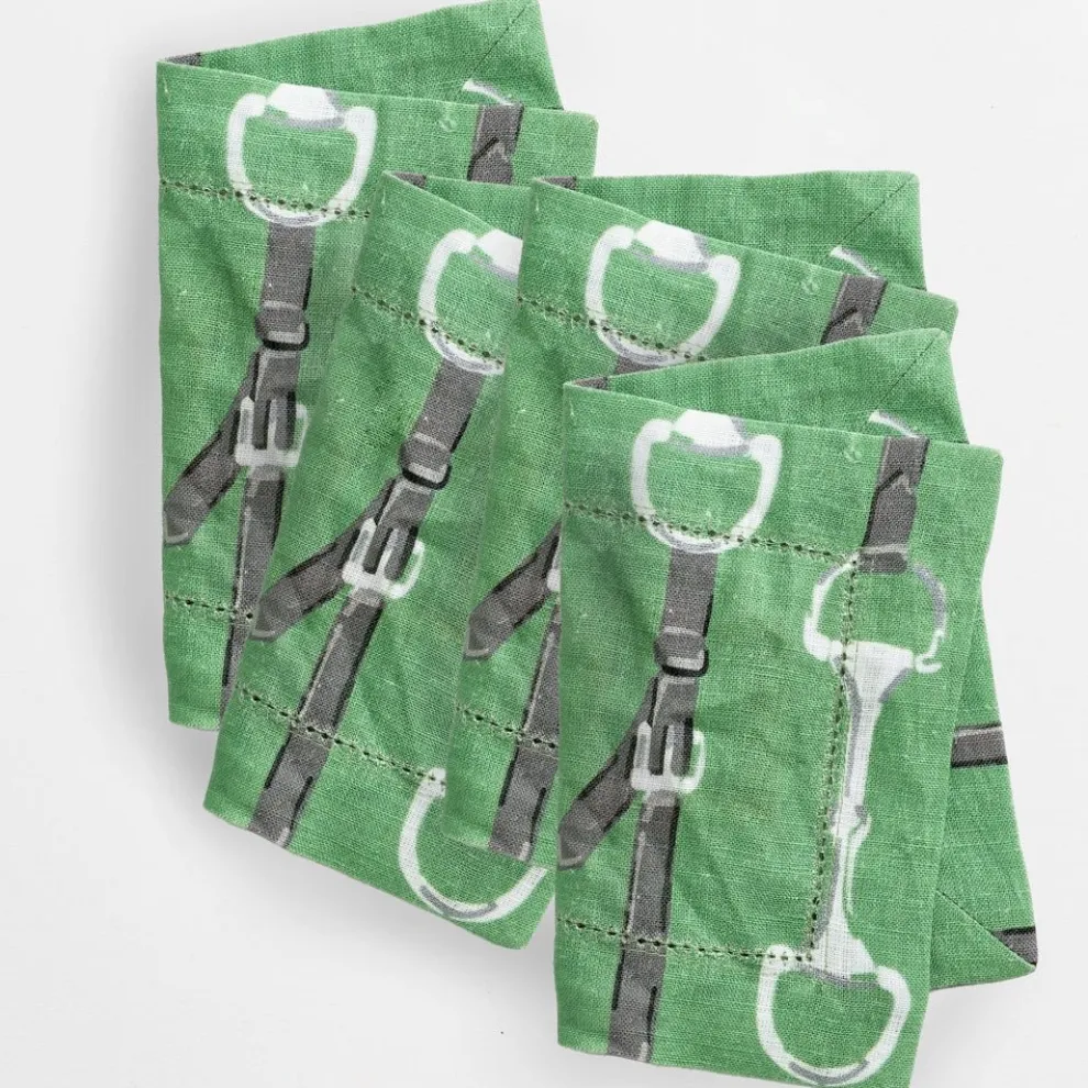 Green Linen Snaffle & Buckle Cocktail Napkin | Set of 4