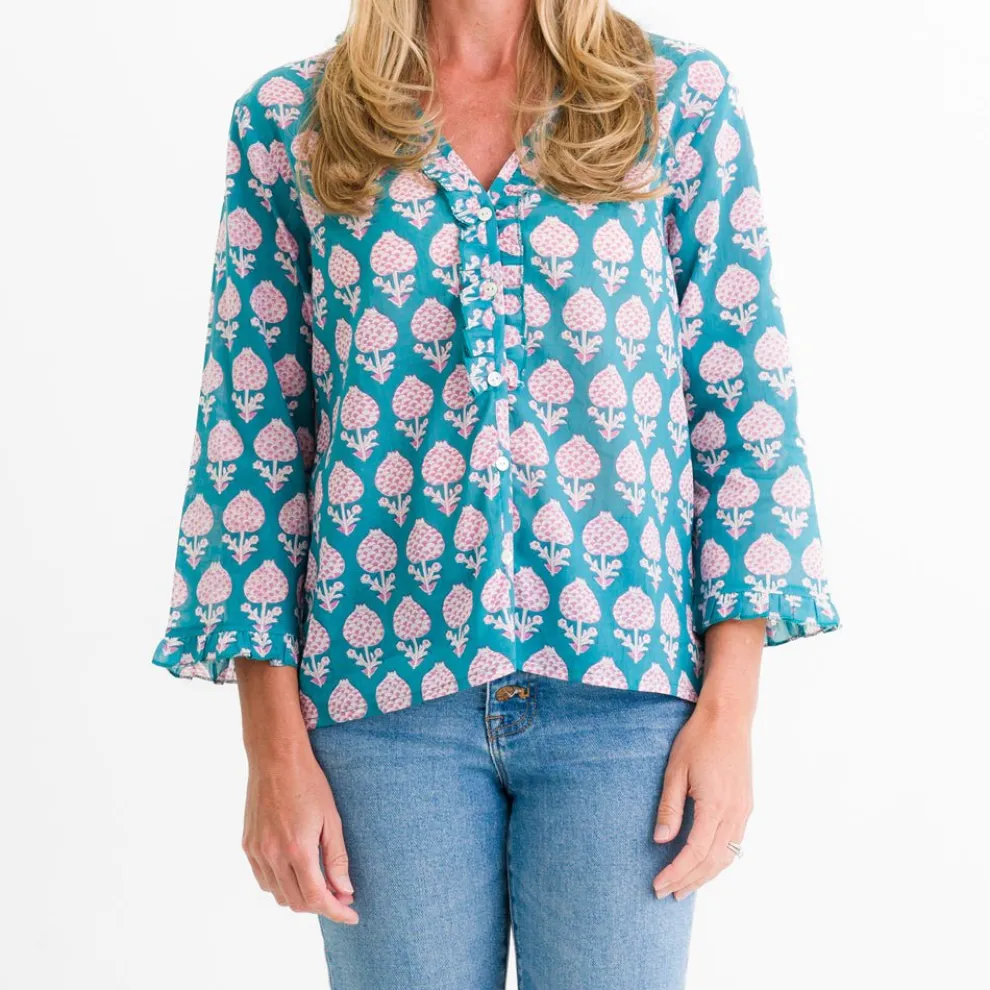 Teal Pom Flower Flange Button Blouse