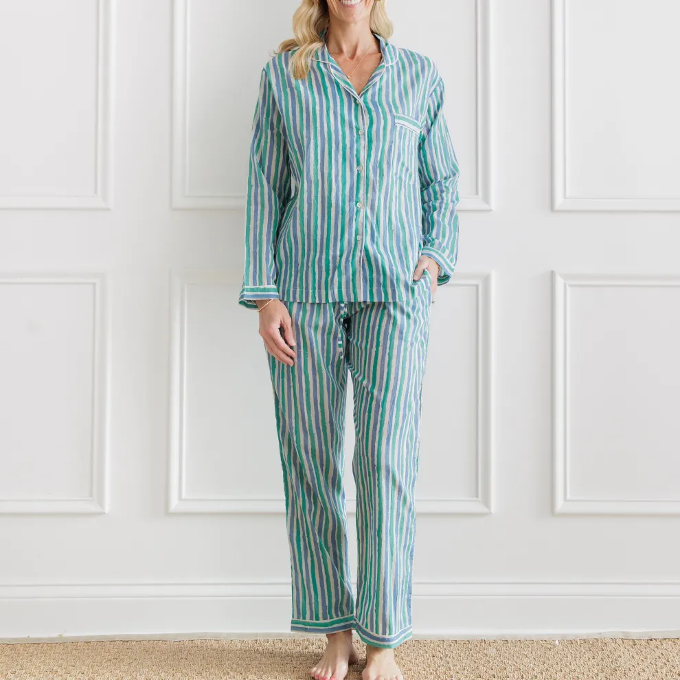Watercolor Green Stripe Pajama Set