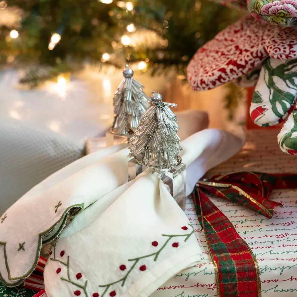 Silver Christmas Tree Beaded Napkin Ring | Set of 4