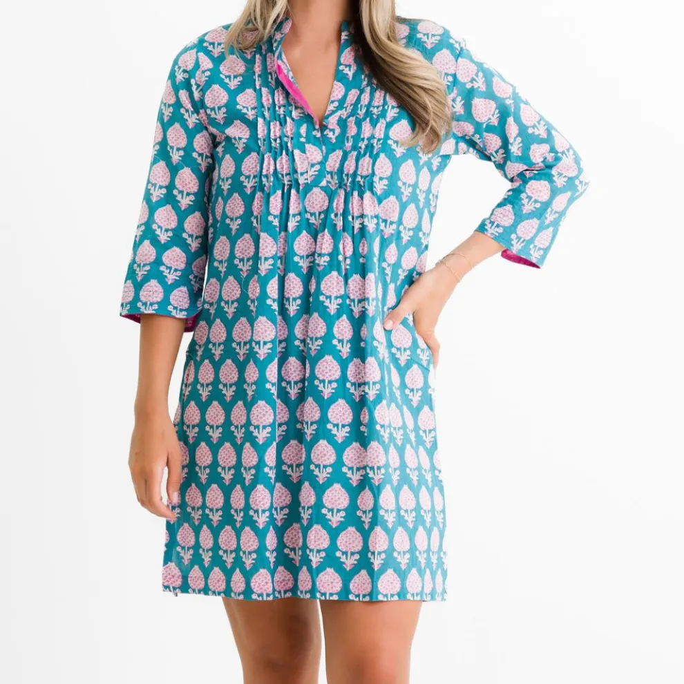 Teal Pom Flower Pintuck Shift Dress