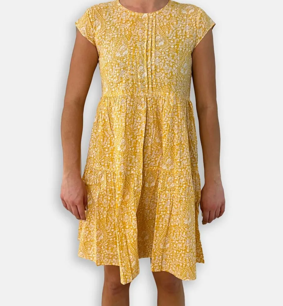 Yellow Paisley Pintuck Cap Sleeve Dress