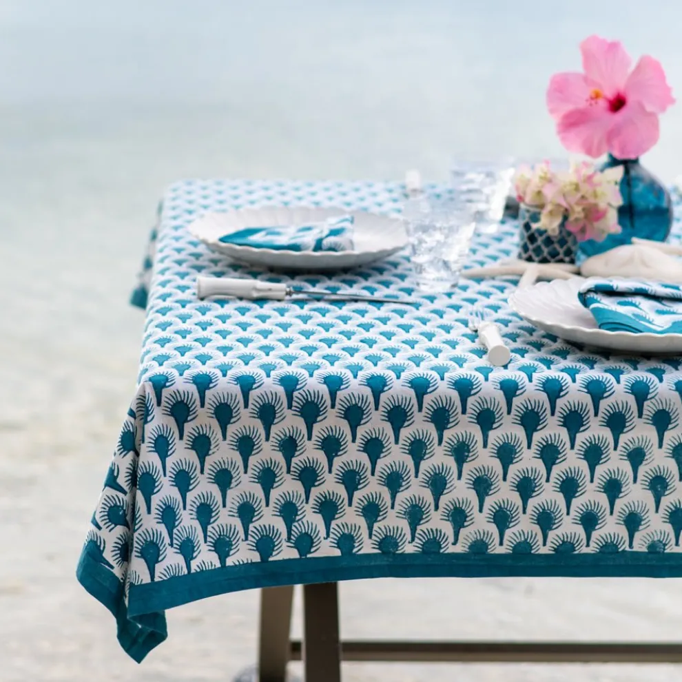 Geo Feather Teal Tablecloth