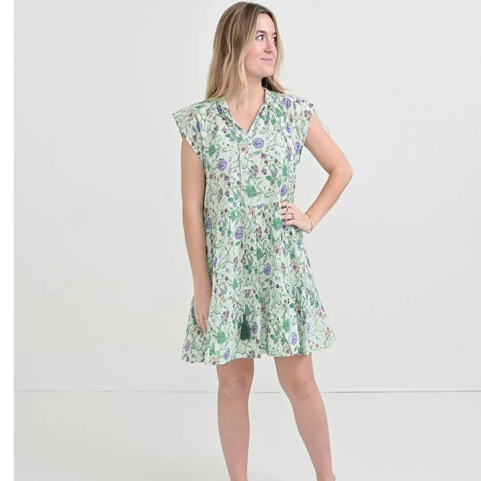 Mila Floral Emerald Cap Sleeve Flounce Dress